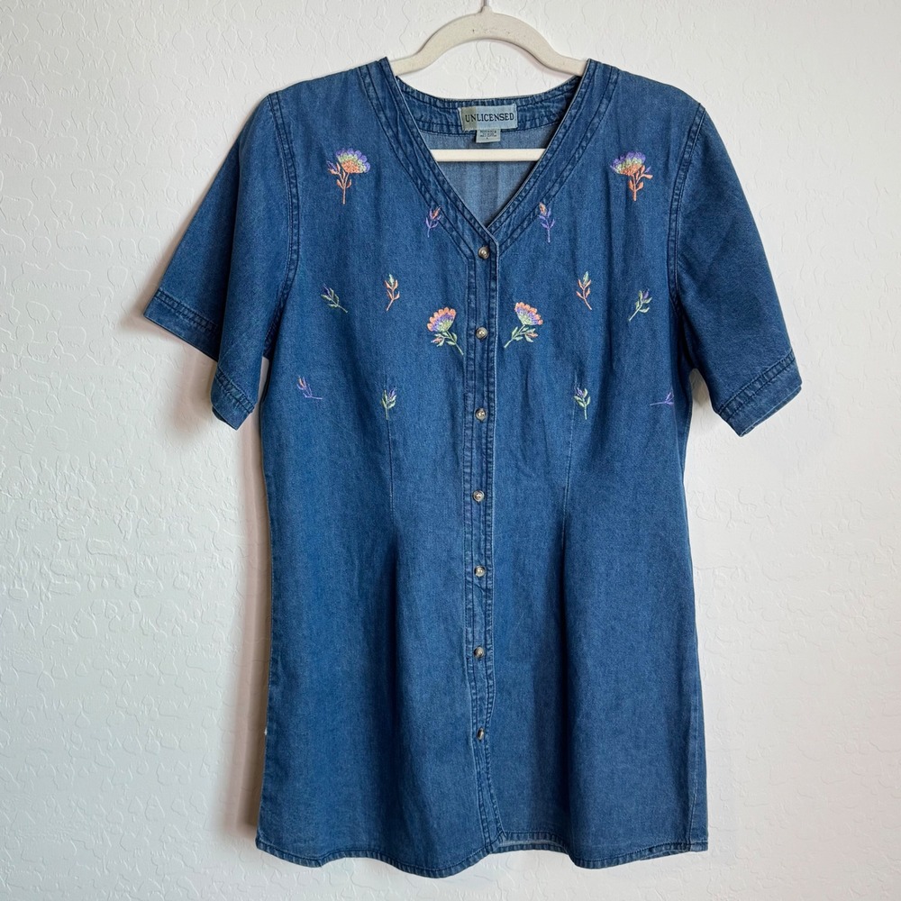 Y2K VTG Women Blue Denim Floral Embroidered Button Front Tunic Cottage L Boho
